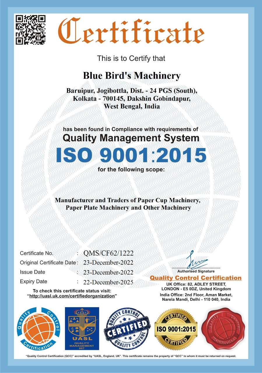 Image of Certificate from ISO for Blue Bird's Machinery